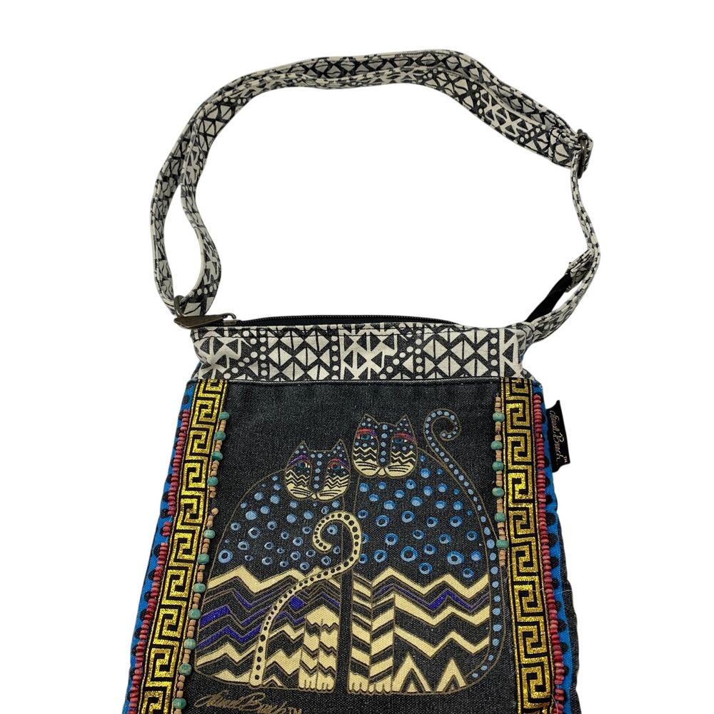 Laurel Burch Bag Womens Black Cat Graphic Metallic Greek Key Trim Wood Beads